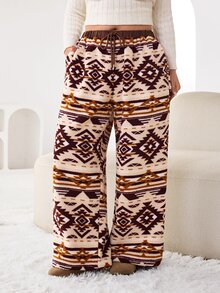 Solflare Plus Size Casual Geometric Print Warm Long Pants, Autumn/Winter - Multicolor - View 6
