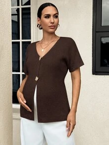 MaterniWear 孕婦純色休閒百搭日常開襟衫 - 咖啡棕 - 查看 6