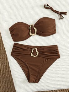 Swim Basics 女士沙滩度假休闲全黑可拆卸细肩带高腰裤配金属配件比基尼套装 - 鏽棕色 - 查看 5