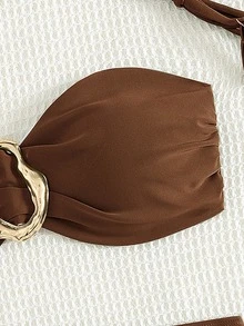 Swim Basics 女士沙滩度假休闲全黑可拆卸细肩带高腰裤配金属配件比基尼套装 - 鏽棕色 - 查看 3
