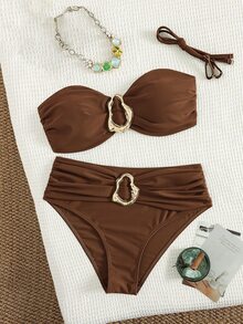 Swim Basics 女士沙滩度假休闲全黑可拆卸细肩带高腰裤配金属配件比基尼套装 - 鏽棕色 - 查看 6