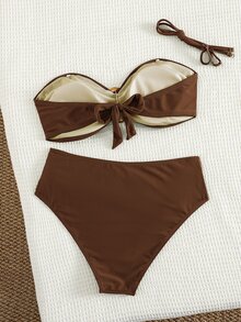 Swim Basics 女士沙滩度假休闲全黑可拆卸细肩带高腰裤配金属配件比基尼套装 - 鏽棕色 - 查看 2