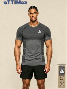 OTTIMOZO Men's Geometric Print Raglan Short Sleeve Sports T-Shirt, Gym - Dark Grey - View 1
