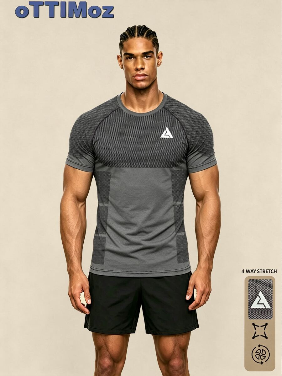 OTTIMOZO Men's Geometric Print Raglan Short Sleeve Sports T-Shirt, Gym - Dark Grey - View 1