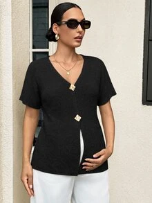 MaterniWear 孕婦金屬單排扣短袖休閒針織開襟衫 - 黑色 - 查看 4