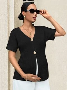 MaterniWear 孕婦金屬單排扣短袖休閒針織開襟衫 - 黑色 - 查看 8