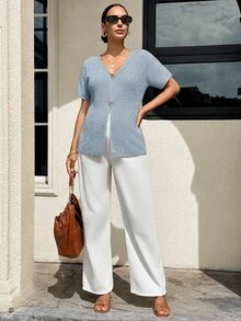 MaterniWear Maternity Casual Commute Solid Color Short Sleeve Cardigan - Baby Blue - View 9