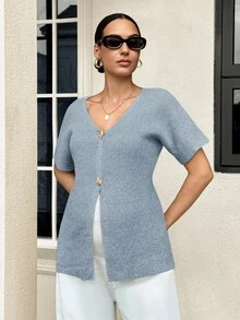 MaterniWear Maternity Casual Commute Solid Color Short Sleeve Cardigan - Baby Blue - View 7