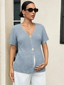 MaterniWear Maternity Casual Commute Solid Color Short Sleeve Cardigan - Baby Blue - View 4
