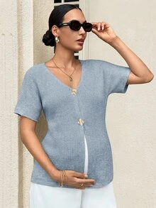 MaterniWear Maternity Casual Commute Solid Color Short Sleeve Cardigan - Baby Blue - View 8