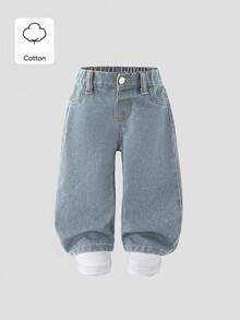 SHEIN Playful Pals Baby Girl Elastic Waist Wide Leg Jeans Autumn Fall - Light Wash - View 2