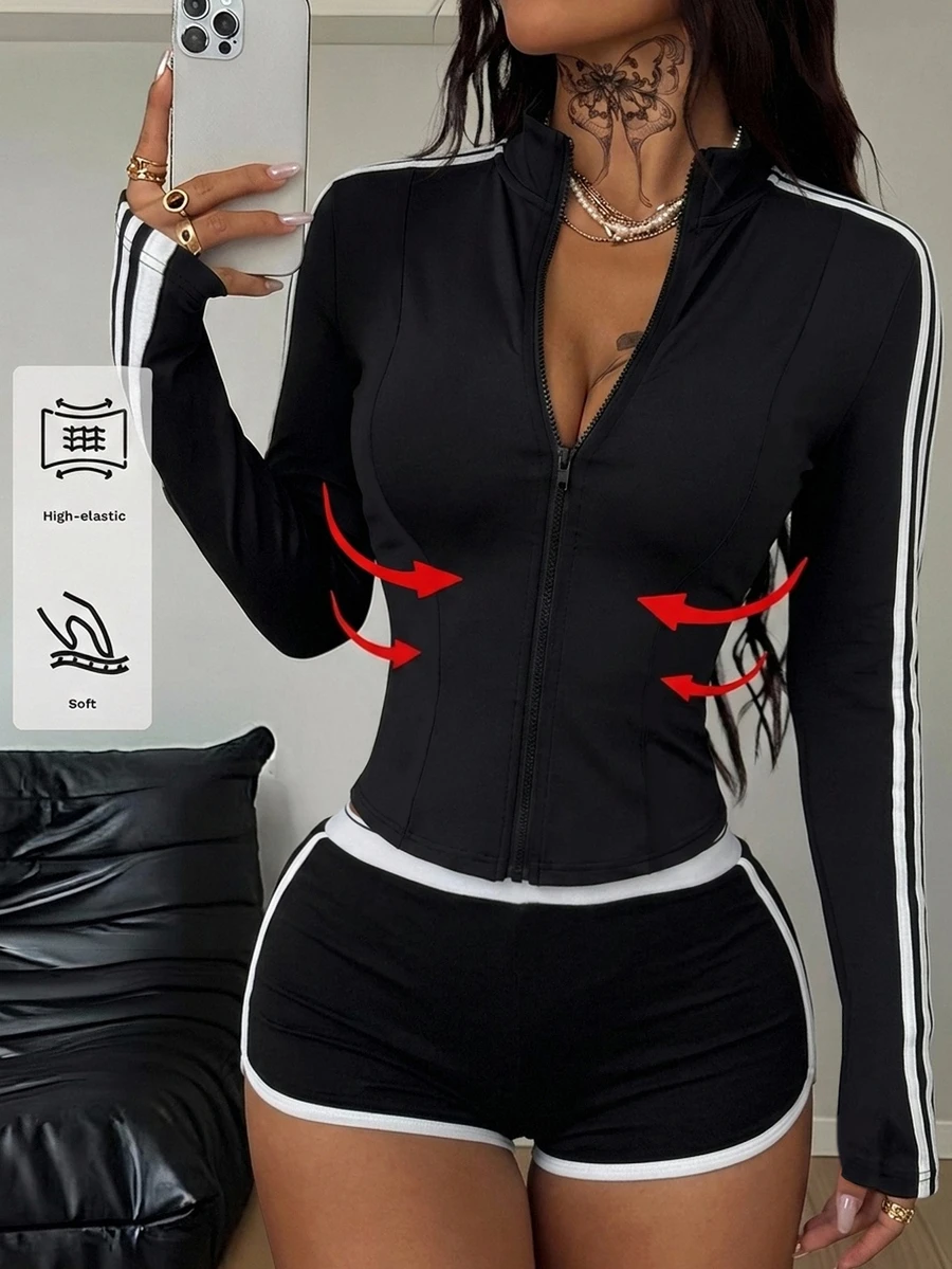 Coolane 女款拼色休閒百搭日常長袖夾克 - 黑色 - 查看 1