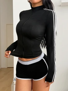 Coolane 女款拼色休閒百搭日常長袖夾克 - 黑色 - 查看 4