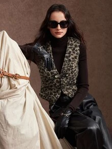 Zovinel Teddy Fleece Women's Leopard Print Metal Buckle Placket Vest Jacket,Autumn/Winter,Back To School, Casual Commute Work - Multicolor - View 6
