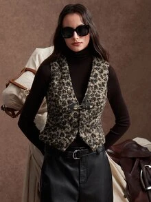 Zovinel Teddy Fleece Women's Leopard Print Metal Buckle Placket Vest Jacket,Autumn/Winter,Back To School, Casual Commute Work - Multicolor - View 5