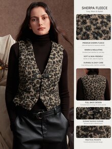Zovinel Teddy Fleece Women's Leopard Print Metal Buckle Placket Vest Jacket,Autumn/Winter,Back To School, Casual Commute Work - Multicolor - View 3