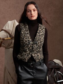 Zovinel Teddy Fleece Women's Leopard Print Metal Buckle Placket Vest Jacket,Autumn/Winter,Back To School, Casual Commute Work - Multicolor - View 1