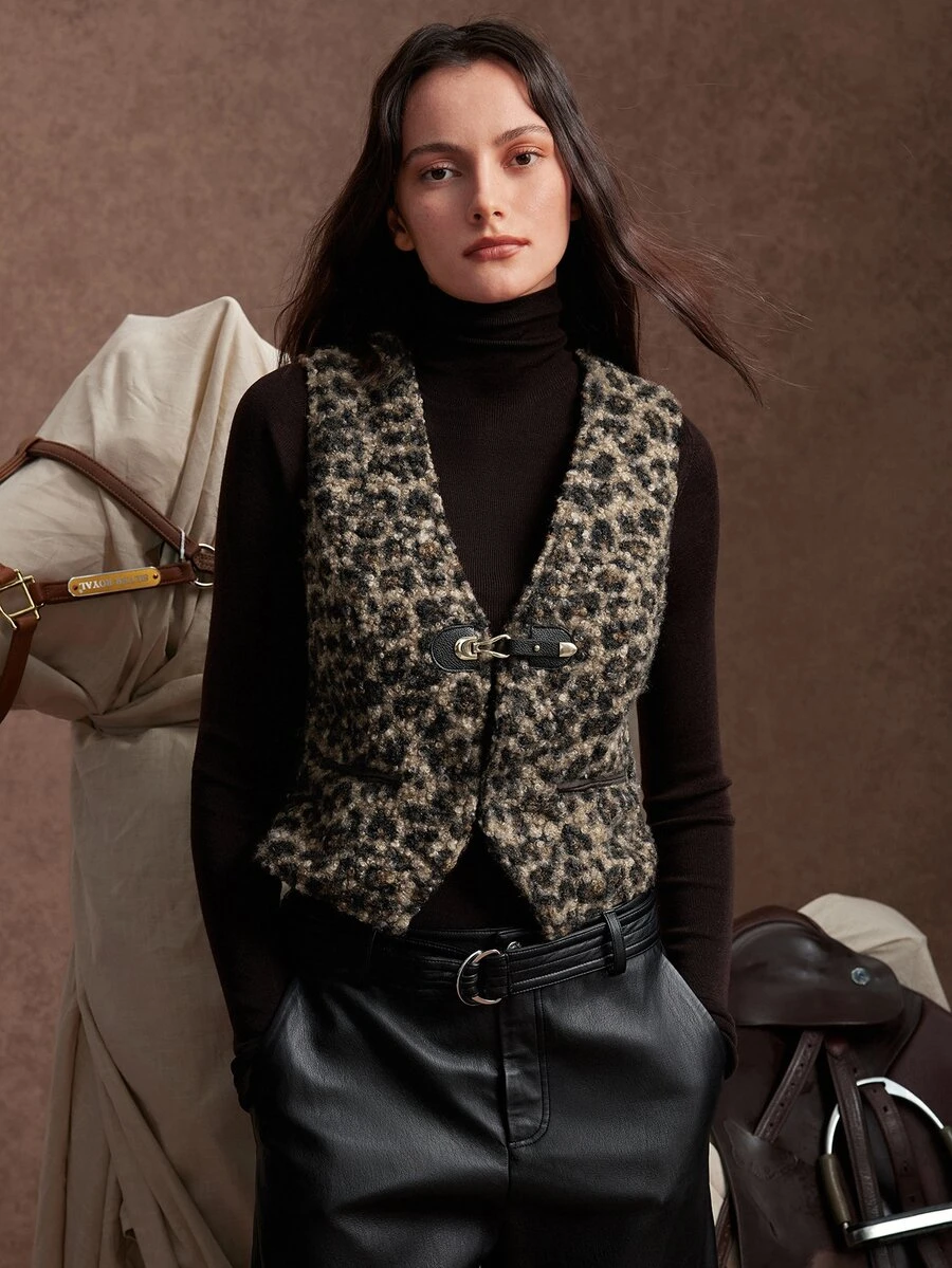 Zovinel Teddy Fleece Women's Leopard Print Metal Buckle Placket Vest Jacket,Autumn/Winter,Back To School, Casual Commute Work - Multicolor - View 1