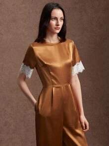 Zovinel Glossy Satin Lace Contrast Color Design Short Sleeve Jumpsuit, Autumn/Winter Daily Commute Travel Office Wear, Elegant Style - Multicolor - View 6