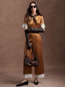 Zovinel Glossy Satin Lace Contrast Color Design Short Sleeve Jumpsuit, Autumn/Winter Daily Commute Travel Office Wear, Elegant Style - Multicolor - View 7