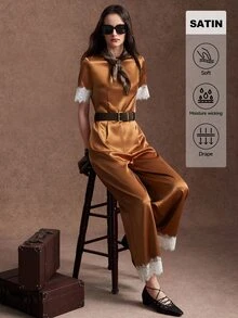 Zovinel Glossy Satin Lace Contrast Color Design Short Sleeve Jumpsuit, Autumn/Winter Daily Commute Travel Office Wear, Elegant Style - Multicolor - View 1