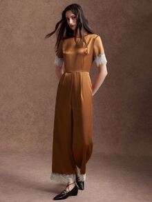 Zovinel Glossy Satin Lace Contrast Color Design Short Sleeve Jumpsuit, Autumn/Winter Daily Commute Travel Office Wear, Elegant Style - Multicolor - View 4