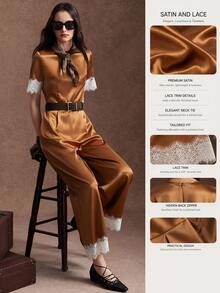 Zovinel Glossy Satin Lace Contrast Color Design Short Sleeve Jumpsuit, Autumn/Winter Daily Commute Travel Office Wear, Elegant Style - Multicolor - View 3