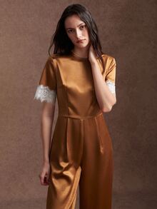 Zovinel Glossy Satin Lace Contrast Color Design Short Sleeve Jumpsuit, Autumn/Winter Daily Commute Travel Office Wear, Elegant Style - Multicolor - View 5