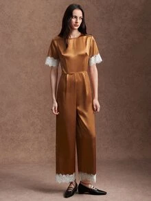 Zovinel Glossy Satin Lace Contrast Color Design Short Sleeve Jumpsuit, Autumn/Winter Daily Commute Travel Office Wear, Elegant Style - Multicolor - View 9