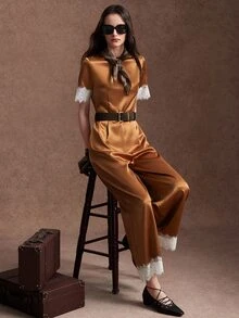 Zovinel Glossy Satin Lace Contrast Color Design Short Sleeve Jumpsuit, Autumn/Winter Daily Commute Travel Office Wear, Elegant Style - Multicolor - View 8