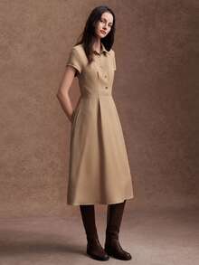 Zovinel Premium Worsted Linen Fabric Women's Kahki Color Casual Party Mid-Length Dress,Summer/Autumn/Winter,Back To School, Casual Commute Work - Apricot - View 5
