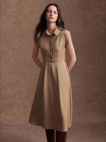 Zovinel Premium Worsted Linen Fabric Women's Kahki Color Casual Party Mid-Length Dress,Summer/Autumn/Winter,Back To School, Casual Commute Work - Apricot - View 6