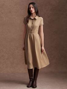 Zovinel Premium Worsted Linen Fabric Women's Kahki Color Casual Party Mid-Length Dress,Summer/Autumn/Winter,Back To School, Casual Commute Work - Apricot - View 4
