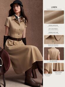 Zovinel Premium Worsted Linen Fabric Women's Kahki Color Casual Party Mid-Length Dress,Summer/Autumn/Winter,Back To School, Casual Commute Work - Apricot - View 3