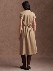 Zovinel Premium Worsted Linen Fabric Women's Kahki Color Casual Party Mid-Length Dress,Summer/Autumn/Winter,Back To School, Casual Commute Work - Apricot - View 2