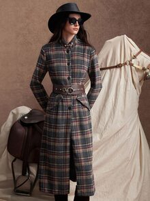 Zovinel Flannel Weave Plaid Overcoat With Metal Decoration, Romantic Elegant Fall Autumn/Winter,Back To School, Casual Commute Work - Multicolor - View 8