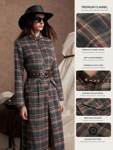 Zovinel Flannel Weave Plaid Overcoat With Metal Decoration, Romantic Elegant Fall Autumn/Winter,Back To School, Casual Commute Work - Multicolor - View 3