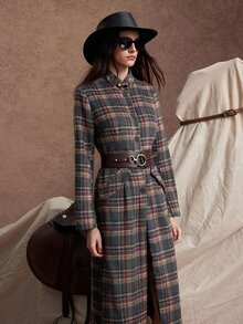Zovinel Flannel Weave Plaid Overcoat With Metal Decoration, Romantic Elegant Fall Autumn/Winter,Back To School, Casual Commute Work - Multicolor - View 1