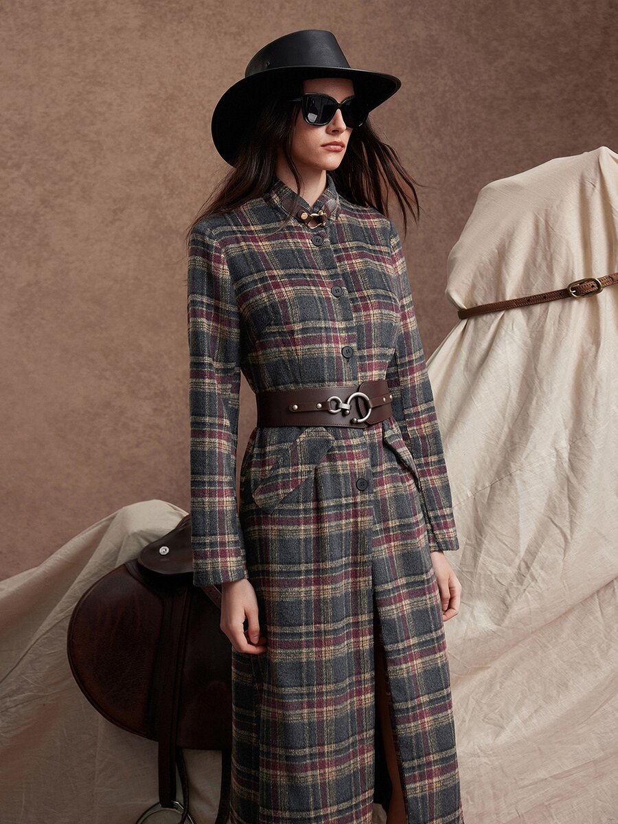 Zovinel Flannel Weave Plaid Overcoat With Metal Decoration, Romantic Elegant Fall Autumn/Winter,Back To School, Casual Commute Work - Multicolor - View 1