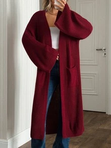 Pariaura Women's Oversized Casual Knit Cardigan With Pockets, Solid Color Dark Red Day Time Work Autumn - Burgundy - View 2