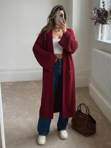 Pariaura Women's Oversized Casual Knit Cardigan With Pockets, Solid Color Dark Red Day Time Work Autumn - Burgundy - View 3