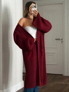 Pariaura Women's Oversized Casual Knit Cardigan With Pockets, Solid Color Dark Red Day Time Work Autumn - Burgundy - View 4