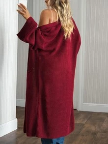 Pariaura Women's Oversized Casual Knit Cardigan With Pockets, Solid Color Dark Red Day Time Work Autumn - Burgundy - View 5