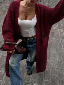 Pariaura Women's Oversized Casual Knit Cardigan With Pockets, Solid Color Dark Red Day Time Work Autumn - Burgundy - View 1