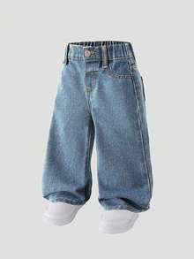 SHEIN Baby Girl New Casual Fashion Straight Leg Washed Denim Jeans Autumn Winter - Blue - View 4