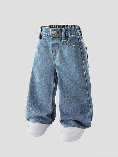 SHEIN Baby Girl New Casual Fashion Straight Leg Washed Denim Jeans