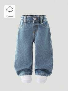 SHEIN Baby Girl New Casual Fashion Straight Leg Washed Denim Jeans Autumn Winter - Blue - View 2