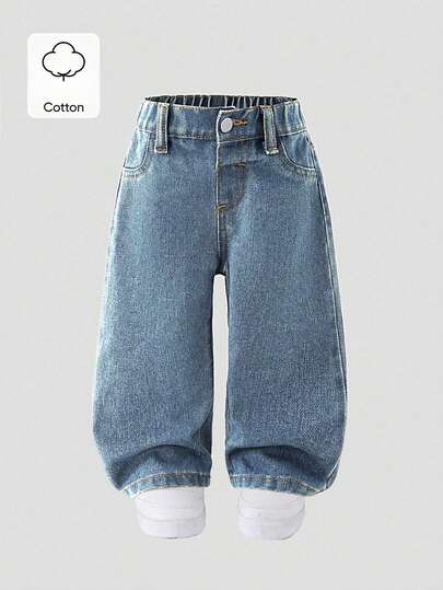 SHEIN Playful Pals Baby Girl New Casual Fashion Straight Leg Washed Denim Jeans
