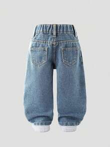 SHEIN Baby Girl New Casual Fashion Straight Leg Washed Denim Jeans Autumn Winter - Blue - View 3