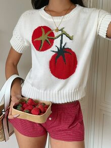 Sunnyshic Atasan Rajut Jacquard Berlubang Motif Tomat Kasual Musim Semi/Panas untuk Wanita Remaja - MultiWarna - View 7